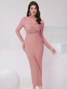 Modelyn Women's Asymmetrical Neckline Pleated Bodycon Dress - Pink - View 7