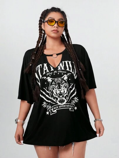 Coolane Plus Size Summer Casual Tiger & Letter Printed Hollow Out Neckline Drop Shoulder Loose T-Shirt