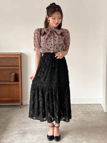 FRIFUL Falda evasé con estampado floral y volantes en el bajo para mujer - Negro - Ver 3