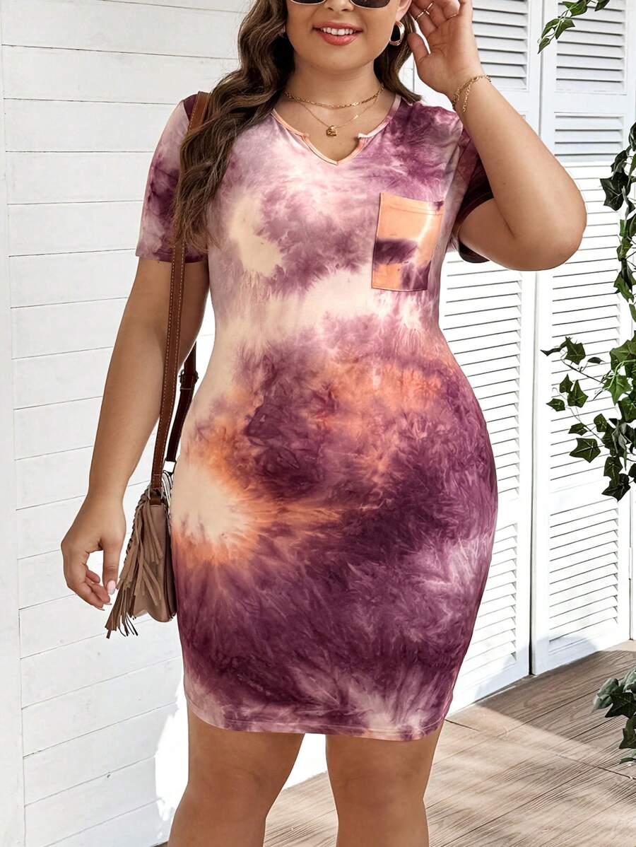 SHEIN LUNE Plus Size Women's Short Sleeve Short Length Tie Dye Print Dress With Notch V-Neck, Casual - Multicolor - View 1