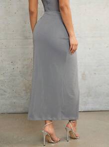 SHEIN BAE Summer Prom Floral Glitter High Slit Pleated Gray Mesh Women's Skirt - Grey - View 2