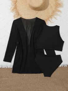 Conjunto de 3 piezas para niña preadolescente: Nueva moda, conjunto de unicolor con parches de malla