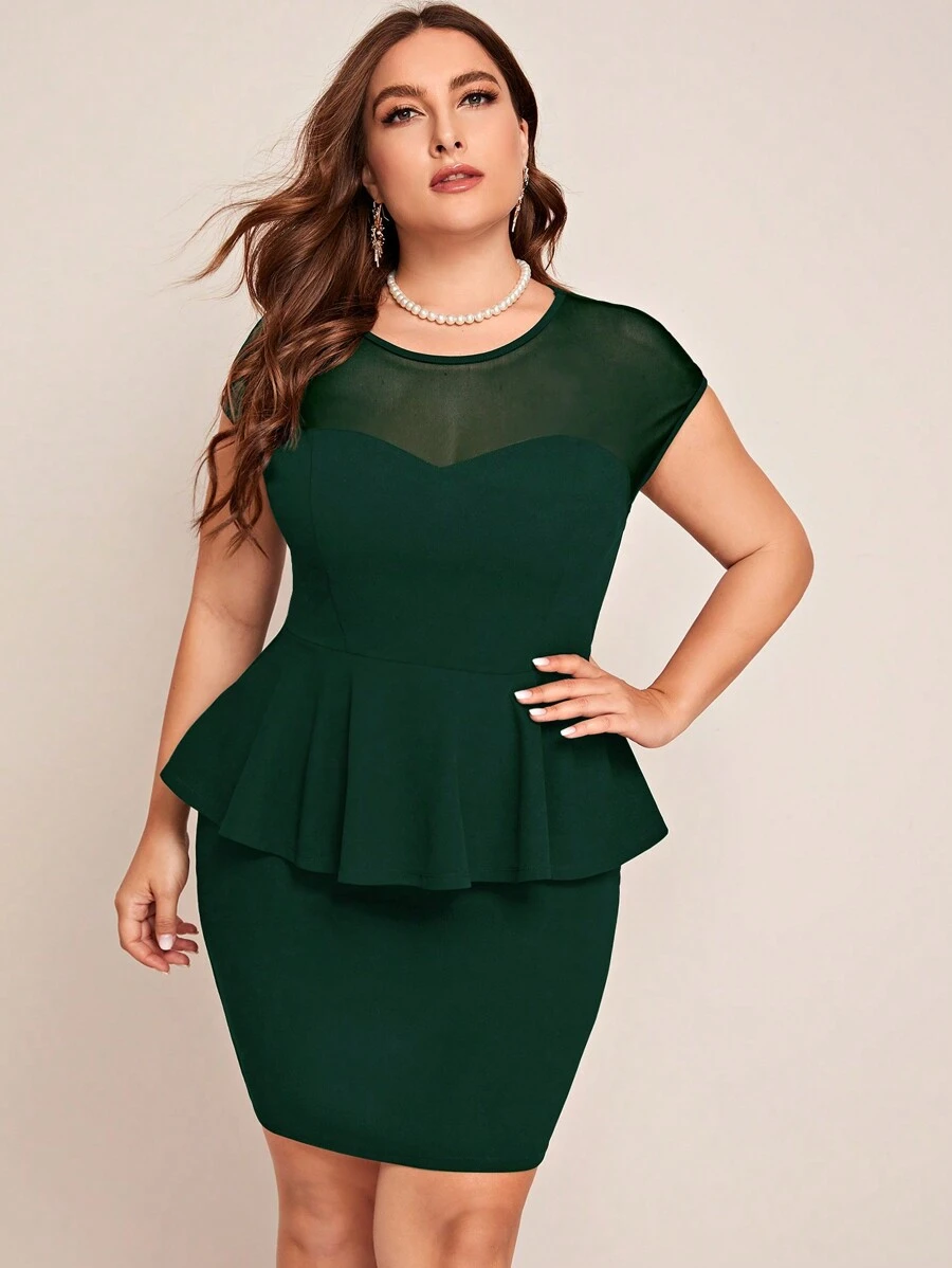 SHEIN Privé Plus Size Women's Mesh Contrast Ruffle Hem Top And Skirt Two Piece Set - Dark Green - View 1