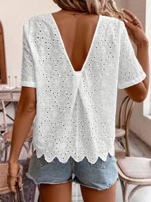 SHEIN Frenchy Vacation Summer Wedding Hollow Out Embroidered Round Neck Blouse White Casual - White - View 3
