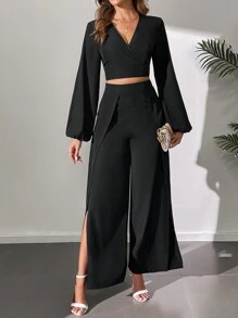 SHEIN Tall Solid Color V-Neck Lantern Sleeve Top And Split Wide Leg Pants, Tall Women - Black - View 3