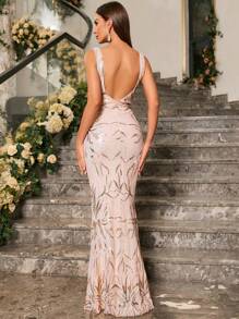 V-Neck Backless Sequin Mermaid Dress