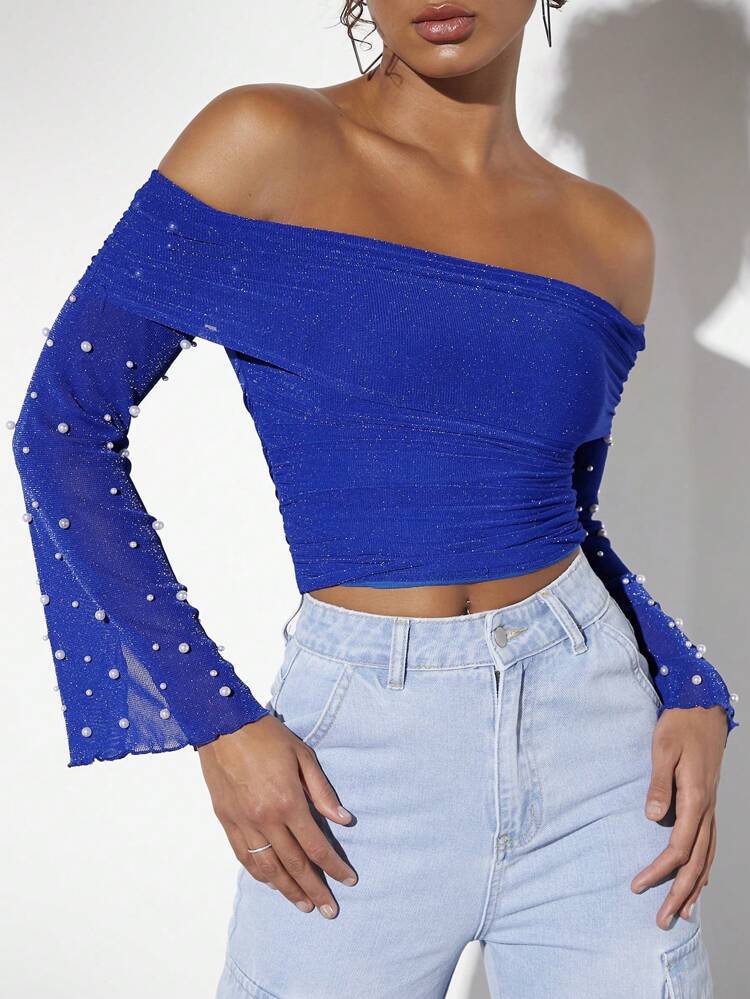 Women's Beaded Pearl Detail Off Shoulder Crop Top