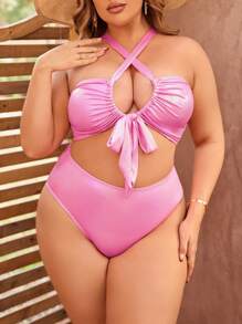 SHEIN Swim Curve Plus Size Shiny Bikini Set Summer Beach - Hot Pink - View 5