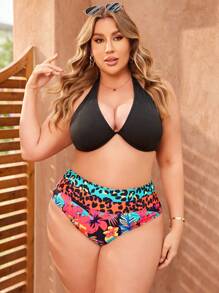 SHEIN Swim Curve 大碼豹紋和熱帶印花泳衣下著 - 彩色 - 查看 4