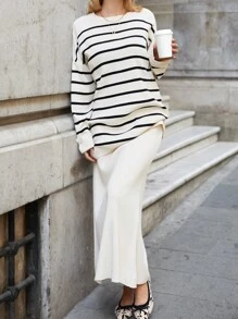 SHEIN Cottnline Striped Pattern Drop Shoulder Sweater & Knit Skirt - Black and White - View 5