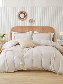 3件套涤纶面双线加四面绒被套（1个被套+2个枕套，不含填充物）现代美式田园森系经典柔软亲肤被套套装，适合所有季节，适用于居家、卧室、客房、主卧 - 米色 - 查看 1