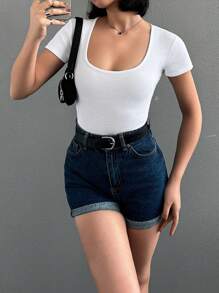 SHEIN PETITE Solid Color Ribbed Square Neck Short Sleeve Bodysuit ,Petite Women - Grey - View 3