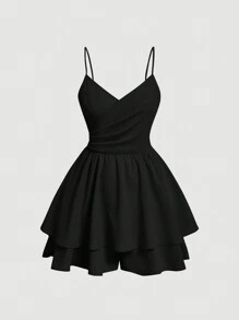 SHEIN MOD 女式雙層打褶邊背心連體褲 - 黑色 - 查看 1