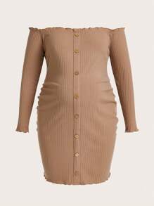 SHEIN Solid Color Off-Shoulder Long Sleeve Maternity Ribbed Dress - Khaki - View 1