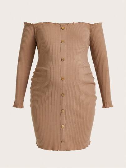 SHEIN Solid Color Off-Shoulder Long Sleeve Maternity Ribbed Dress