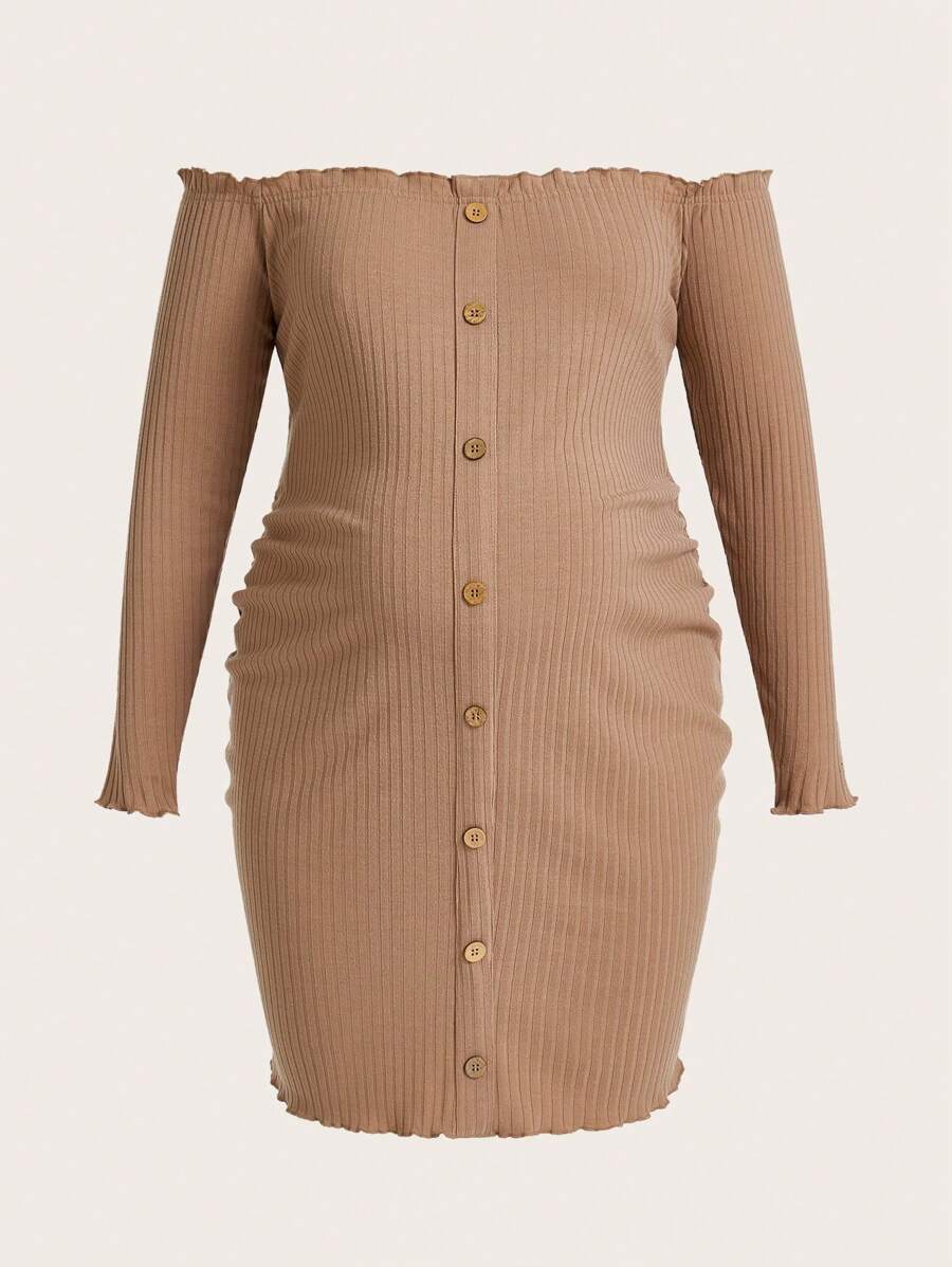 SHEIN Solid Color Off-Shoulder Long Sleeve Maternity Ribbed Dress - Khaki - View 1