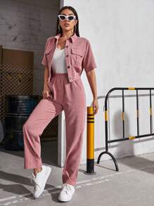 Mulvari Women's Short Sleeve Workwear Pocket Shirt And Pants Set 2 Pieces Set
