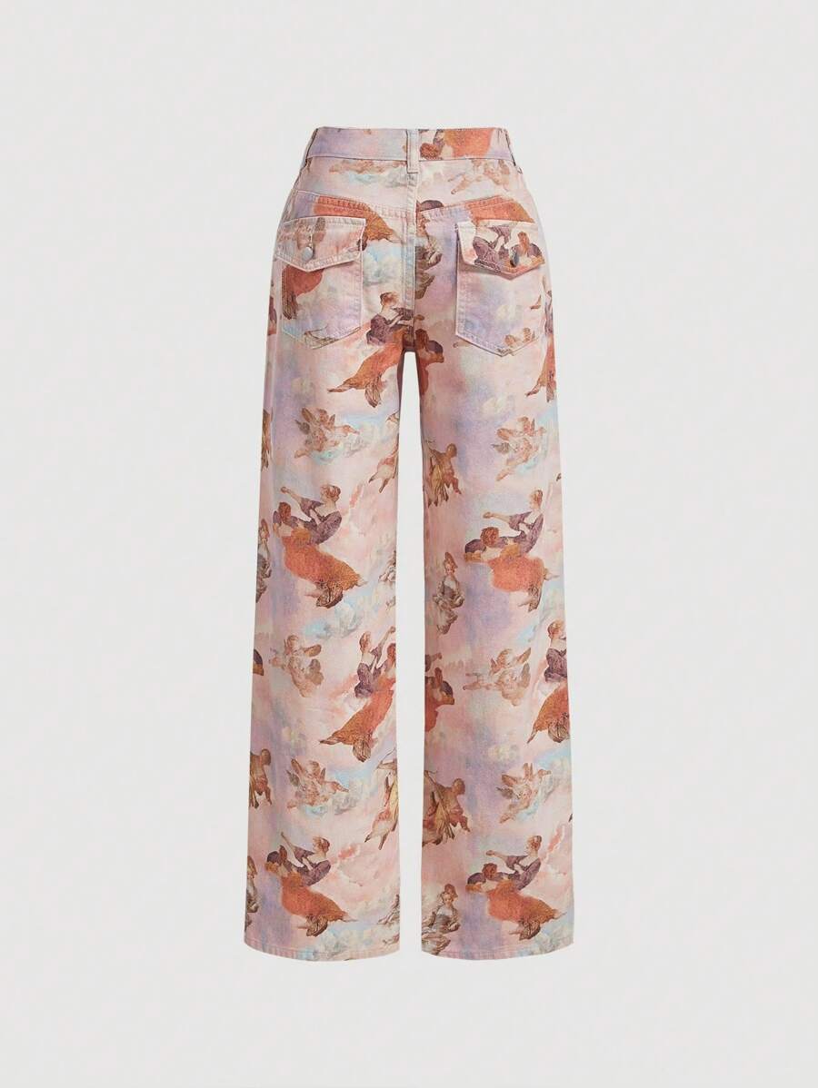 SHEIN MOD Jeans With Portrait Printed Pocket And Wide Leg - Pink - View 1