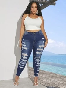 SHEIN CURVE+ 大尺碼破洞細節緊身牛仔褲 - 深色水洗藍 - 查看 3