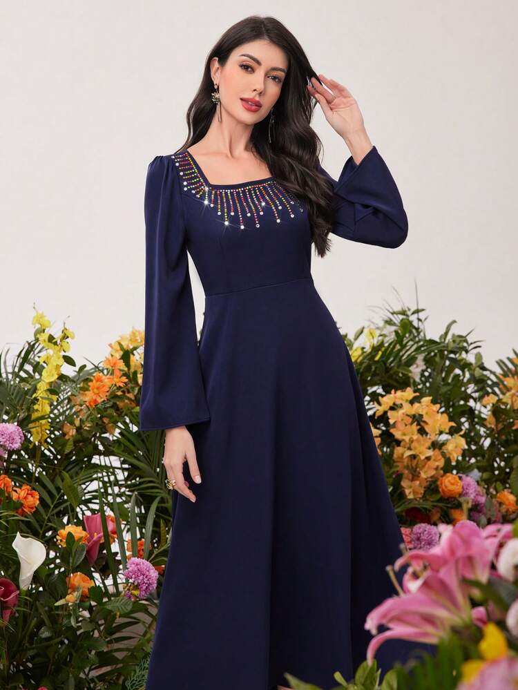 Jeweled Bell Sleeve A-Line Dress With Square Neck And Waist Belt, Elegant Evening Party Dress Long Evening Dresses Fall Cloth For Women