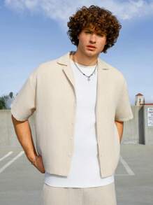 Manfinity Roghcode Men's Solid Color Short Sleeve Shirt And Pants Two Pieces Set - Beige - View 4