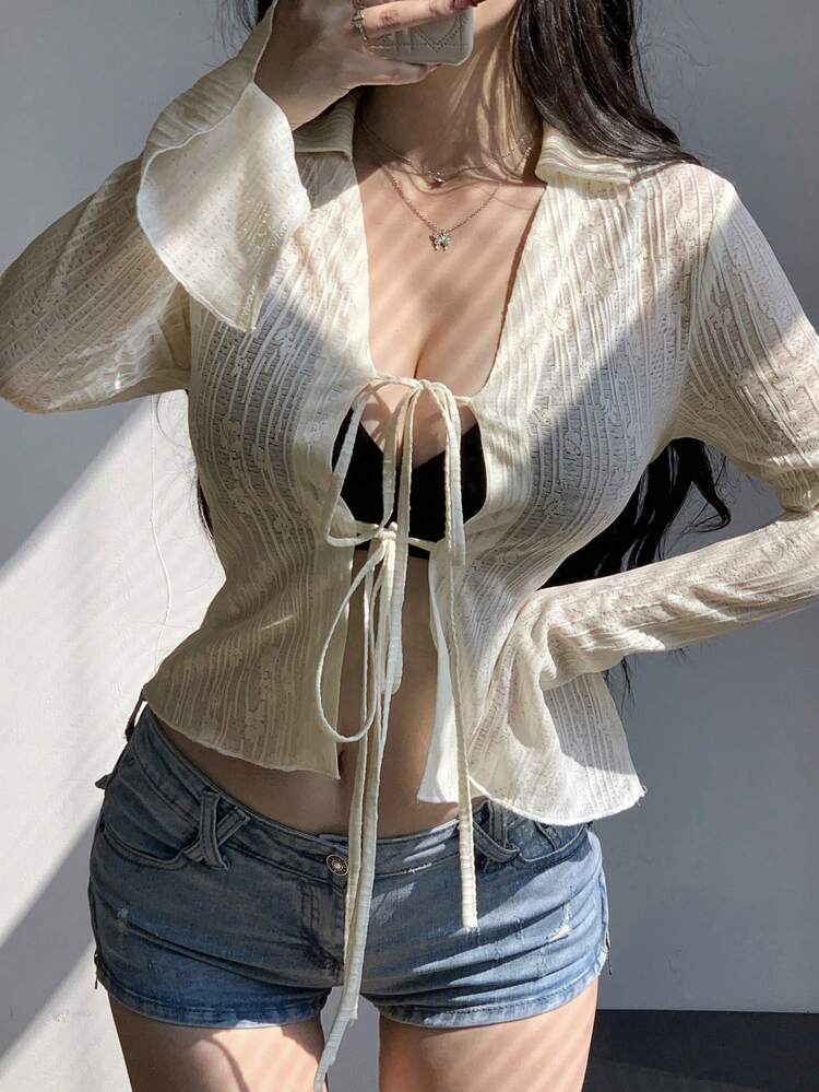 Women's Tie Front Open Sleeve Cuff Blouse Long Sleeve Top