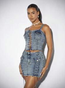 SHEIN BAE Square Neck Tie Detail Washed Blue Denim Bustier&Denim Corset&Summer Tank Tops