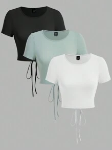 SHEIN Essnce 女士休闲露背打结短袖T恤三件装，夏季款 - 彩色 - 查看 2