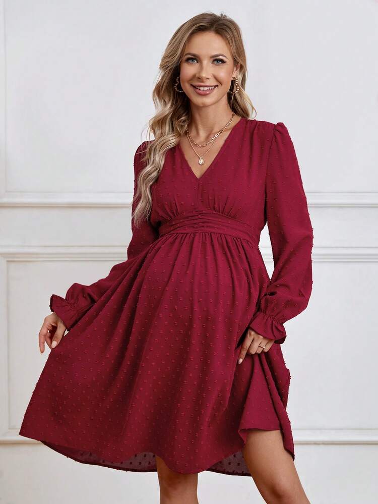 Maternity Solid Colored Swiss Polka Dots Dress
