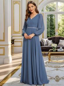 EVERPRETTY 优雅春季纯色灯笼袖 V 领水钻装饰雪纺灰蓝色伴娘礼服、长袖礼服、婚礼宾客礼服婚礼礼服 - 霧霾藍 - 查看 4