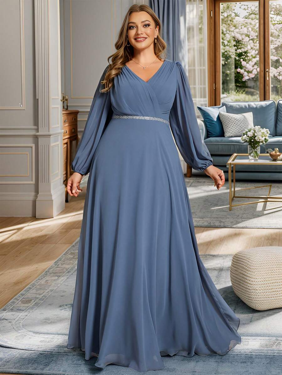 EVERPRETTY Plus Size Elegant Chiffon Long Sleeve V-Neck Rhinestone Decor Bridesmaid Evening Gown - Dusty Blue - View 1
