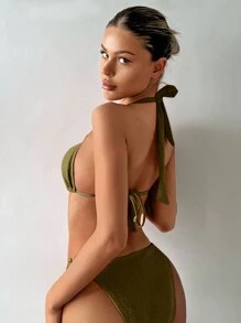 SHEIN Swim Bộ bikini dây buộc cổ dành cho nữ đi biển mùa hè Chi tiết Cutout Monokini Bikini - Màu xanh Ô liu - Xem 2