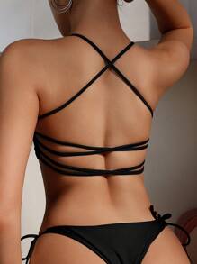SHEIN Swim Parte Superior De Bikini Halter Sólido De Cuello Redondo - Negro - Ver 2
