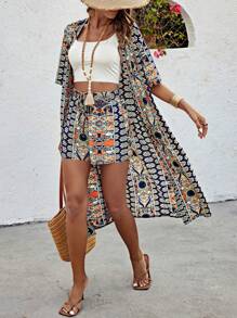 SHEIN LUNE Women's Floral Print Open Front Jacket And Shorts Set - Navy Blue - View 5