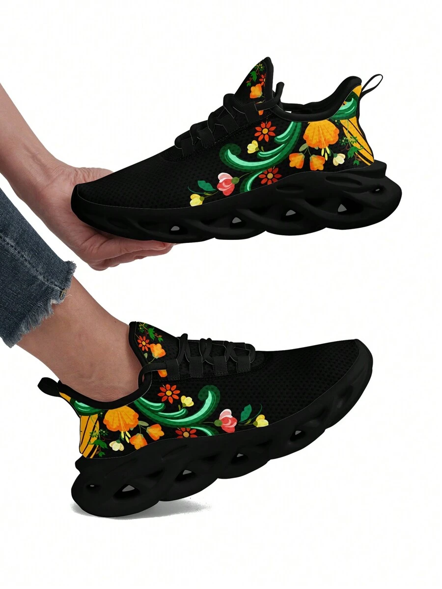 Mexican Flower Women's Sneakers, Lightweight Low Top Lace Up Shoes, PLUS SIZE Women's Fashion Outdoor Shoes - Multicolor - View 1