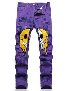 Men's Cartoon Embroidered Ripped Denim Jeans, For Halloween - Purple - View 1