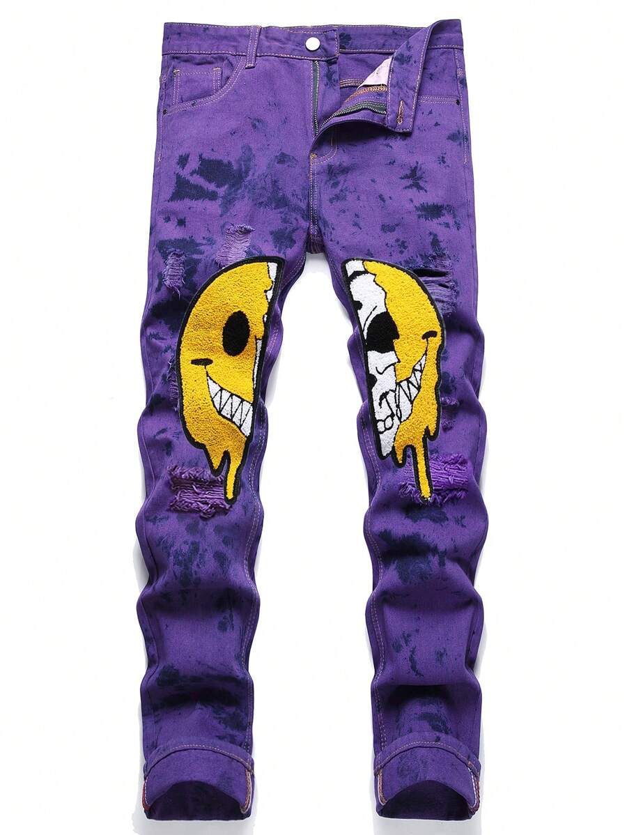 Men's Cartoon Embroidered Ripped Denim Jeans, For Halloween - Purple - View 1