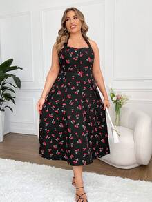 SHEIN Qutie Kích thước lớn Retro In Anh đào Không tay Halterneck Đầm - Màu be - Xem 5