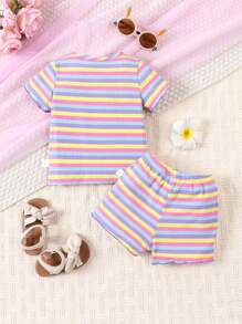 SHEIN Vintaside Kids Baby Girls' Colorful Striped Short Sleeve T-Shirt And Shorts Set