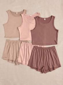 Set de 3 piezas de pijama con top de tirantes de cuello redondo y shorts de unicolor - Multicolor - Ver 3
