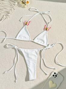 Swim Mod Summer Beach Ladies' Butterfly Applique Halterneck Bikini Set Music Festival