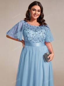 EVER-PRETTY Vestido de dama de honor con Body de malla con lentejuelas con diseño de hojas, vestido elegante
