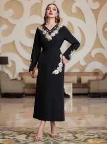 Al Najma Thêu Dán in hoa & Đồ trang trí Rhinestone Đầm - màu đen - Xem 5