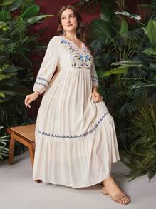 Mulvari Của phụ nữ Kích thước lớn Thêu hoa Cổ có Lỗ hổng Tay áo lồng đèn Đầm - Màu be - Xem 3