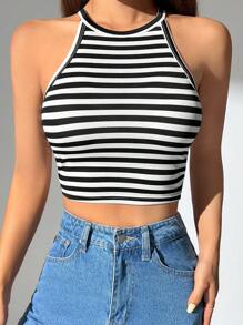 SHEIN PETITE Women's Striped Crop Halter Top - Black and White - View 5