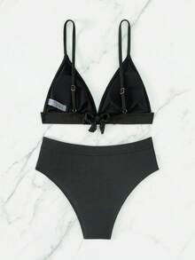 SHEIN Swim Bộ bikini dây chéo lưng có gân cho nữ, Bộ bikini Bộ đồ tắm Trang phục đi biển Kỳ nghỉ hè Bãi biển mùa hè - màu đen - Xem 3