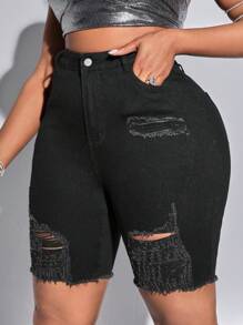 SHEIN SXY 大碼破洞彈性牛仔短褲 - 黑色 - 查看 2