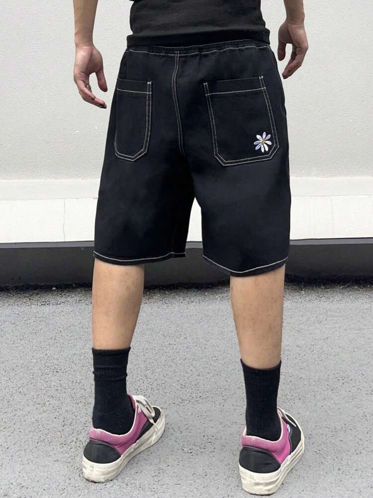 Men's Loose Fit Denim Shorts With Contrast Stitching And Drawstring Waistline