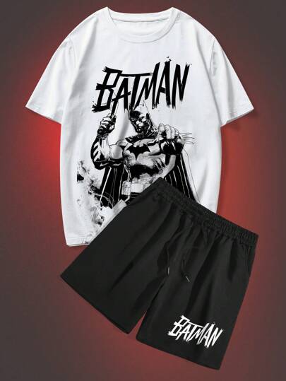 ROMWE MEN Batman X ROMWE Mäns tecknade tryckta rundhalsade T-shirt och shorts i två delar, skola