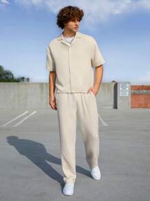 Manfinity Roghcode Men's Solid Color Short Sleeve Shirt And Pants Two Pieces Set - Beige - View 3